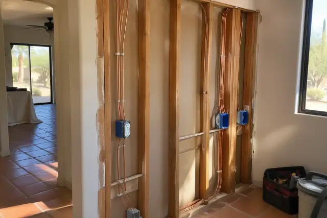 Contractor photo of knob and tube wiring replacement and new copper wires on framing studs in Phoenix, AZ.