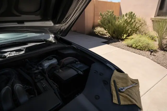 New battery installed in a car engine bay on a concrete pad with desert landscaping in Phoenix, AZ.