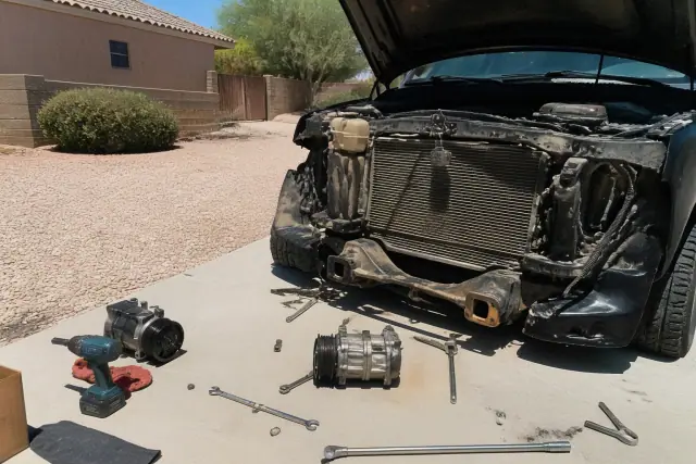 AC compressor repair on a vehicle parked on a concrete pad at a residential home in Phoenix, AZ.