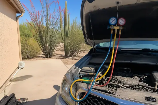 Mobile mechanic performing an AC repair with manifold gauges on a vehicle in Tempe, AZ.