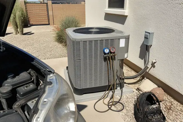 Refrigerant pressure gauges connected to an air conditioner unit during a service call in Phoenix, AZ.