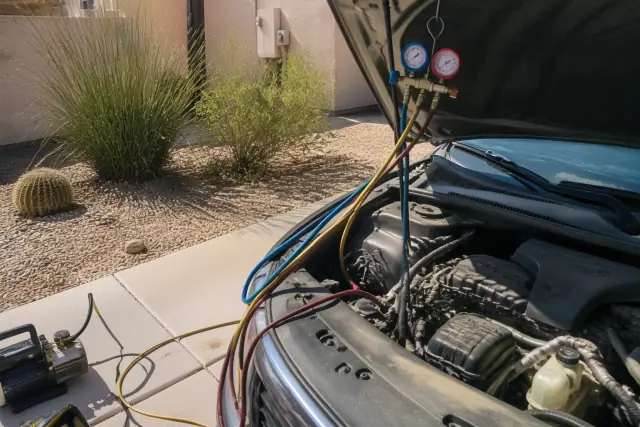 A mechanic performs AC repair on a car parked on a concrete pad at a residential home in Scottsdale, AZ.
