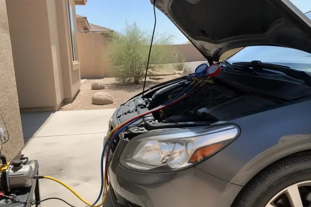 AC repair technician using manifold gauges on a sedan engine in a residential driveway in Goodyear, AZ.