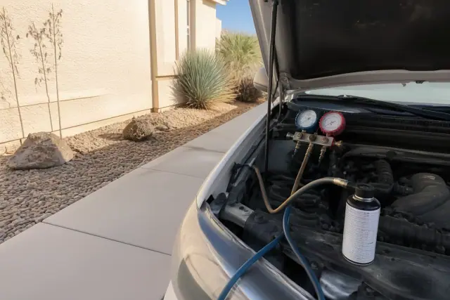 Technician performing AC repair on a car parked on a concrete pad in Avondale, AZ.