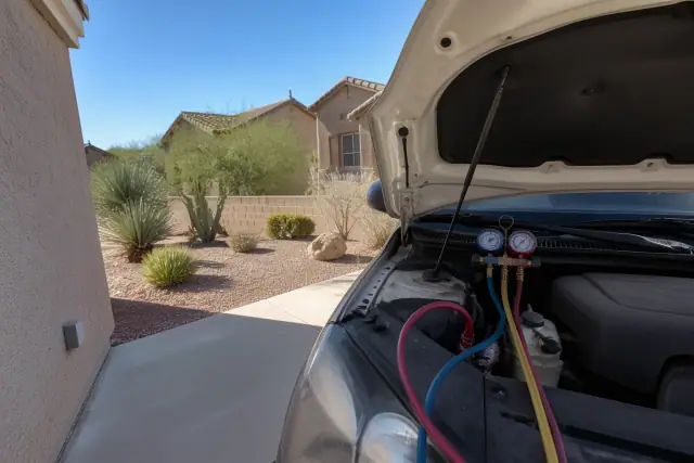 AC repair on a vehicle engine with manifold gauges on a driveway in Surprise, AZ.