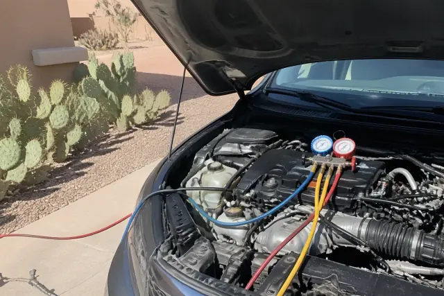 Open hood of a vehicle undergoing AC repair with refrigerant hoses on a residential driveway in Mesa, AZ.