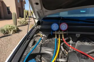 Pressure gauges and hoses connected to vehicle AC service ports in a Phoenix, AZ driveway.