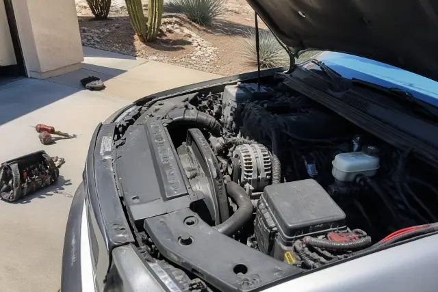 Mobile mechanic performing an alternator replacement on a car in a Scottsdale, AZ residential driveway.