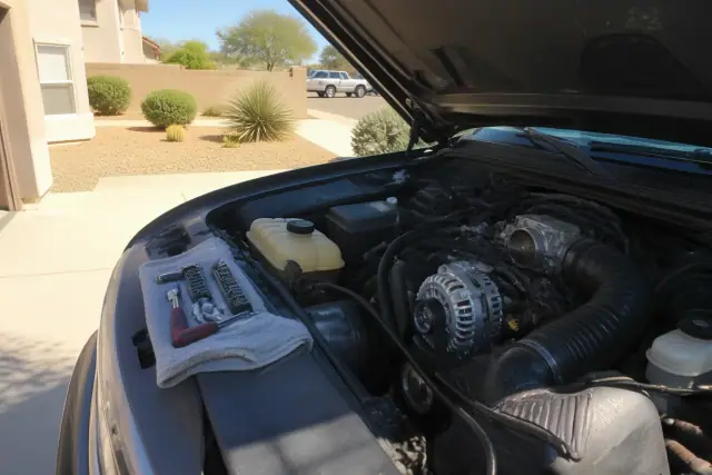 New alternator installed in a vehicle engine bay at a residence in Peoria, AZ.