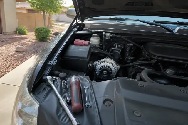 New alternator installed in a vehicle engine bay at a residential home in Gilbert, AZ.