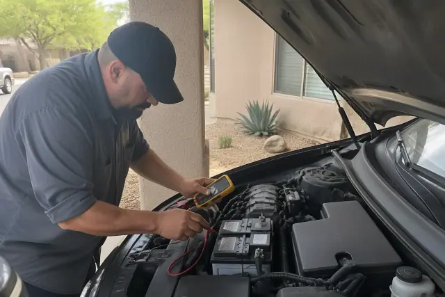 Technician testing a car battery with a multimeter under a residential carport in Phoenix, AZ.