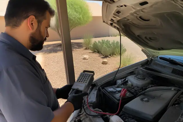 Technician using a battery load tester on a car engine in a residential carport in Phoenix, AZ.