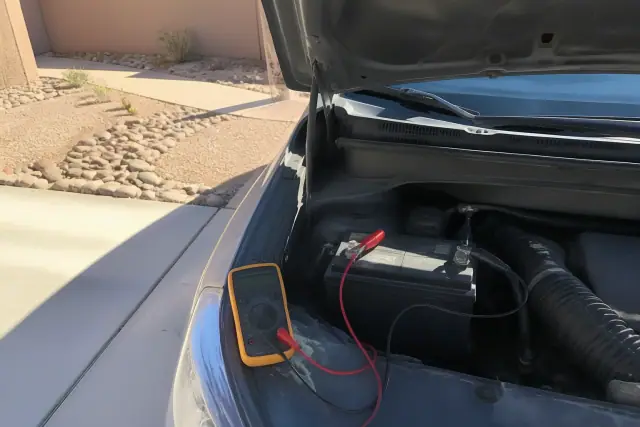 Digital multimeter connected to a vehicle battery during a starter test in Phoenix, AZ.