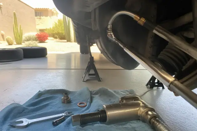 Brake line and hose repair in progress on a vehicle lifted by jack stands in a Phoenix, AZ residential garage.