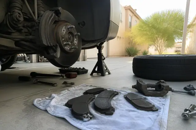 Car on jack stands with removed brake pads and tools in a residential garage in Phoenix, AZ.