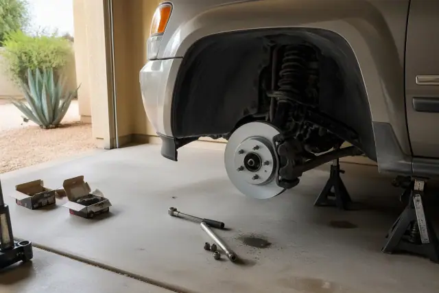 Vehicle with a removed wheel, new brake rotor, and calipers on jack stands in a residential garage in Scottsdale, AZ.
