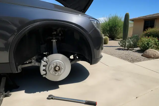 New brake rotor and caliper on a car parked on a concrete driveway in Glendale, AZ with desert landscaping.