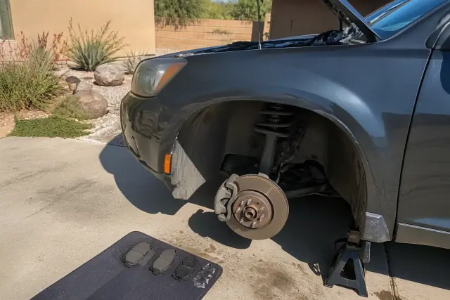 A removed car wheel showing a brake rotor and new brake pads during a mobile repair in Chandler, AZ.