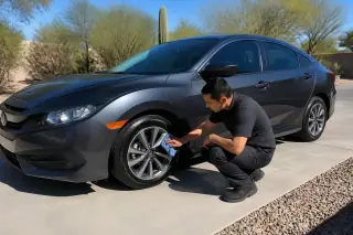 Technician wiping clean alloy car rims after a brake repair in a Phoenix, AZ driveway.
