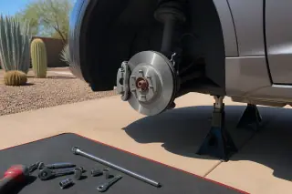 Car on jack stands with new brake rotor and caliper in a Phoenix, AZ driveway.