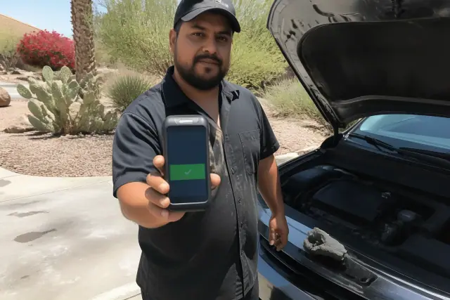 Technician holding a payment terminal on a concrete driveway with a car in Phoenix, AZ.