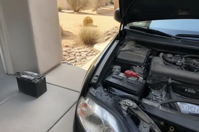 Car battery replacement service with a new battery installed in a vehicle engine bay at a home in Peoria, AZ.