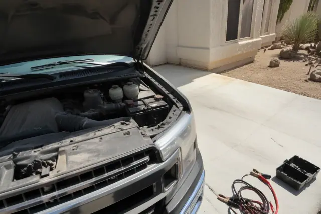 A new car battery installed in an engine bay on a concrete pad at a residential home in Phoenix, AZ.