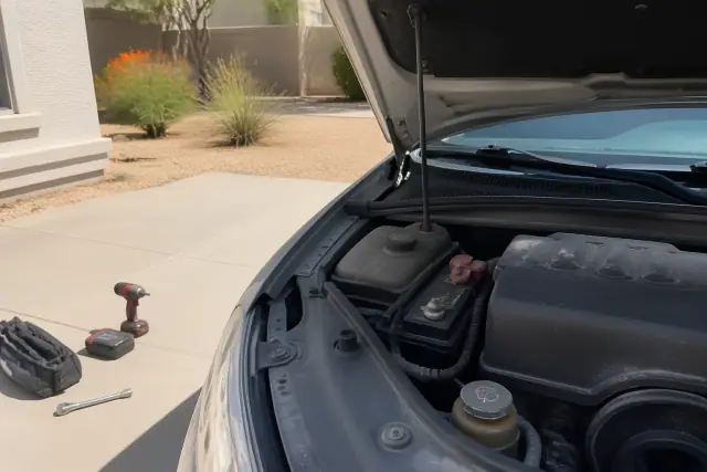 New car battery installed in a vehicle engine bay on a residential driveway in Surprise, AZ.