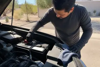 Technician inspecting a newly replaced car battery under the hood of a vehicle in Phoenix, AZ.