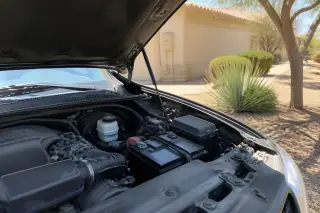 New car battery installed in an engine bay in a residential driveway in Phoenix, AZ.