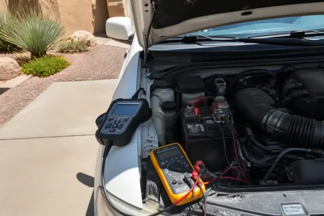 Technician performing alternator and battery diagnostic testing on a vehicle in a Phoenix, AZ driveway.