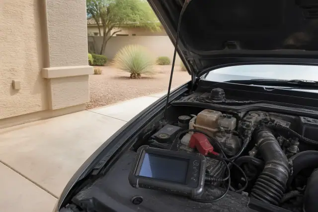 Mobile mechanic performing a check engine light diagnostic on a vehicle in a residential driveway in Gilbert, AZ.