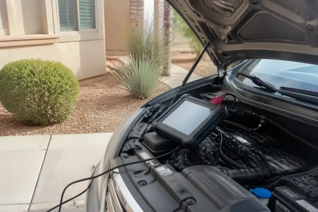 Mobile mechanic performing check engine light diagnostics on a car in a Glendale, AZ residential driveway.