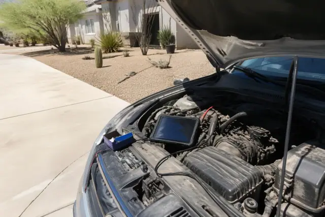 A vehicle with its hood raised on a driveway in Phoenix, AZ, undergoing engine diagnostics with a tablet.