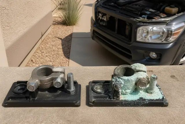 Corroded car battery terminal with powdery deposits under an open vehicle hood at a home in Phoenix, AZ.