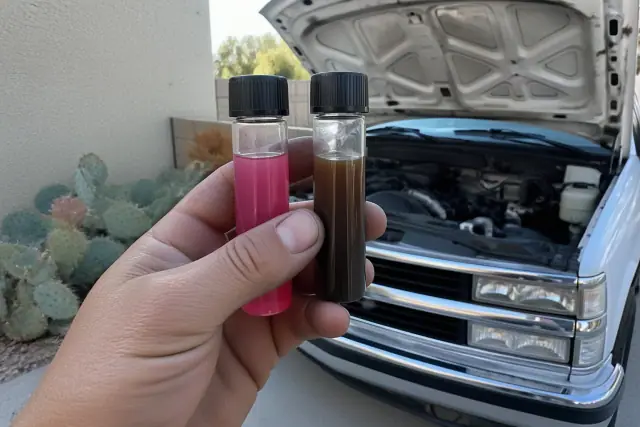Two transparent vials comparing clean and oily coolant on a concrete pad in Phoenix, AZ.