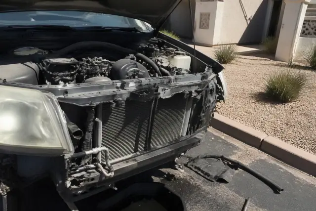 Mechanic repairing a radiator cooling system in an apartment parking lot in Phoenix, AZ.