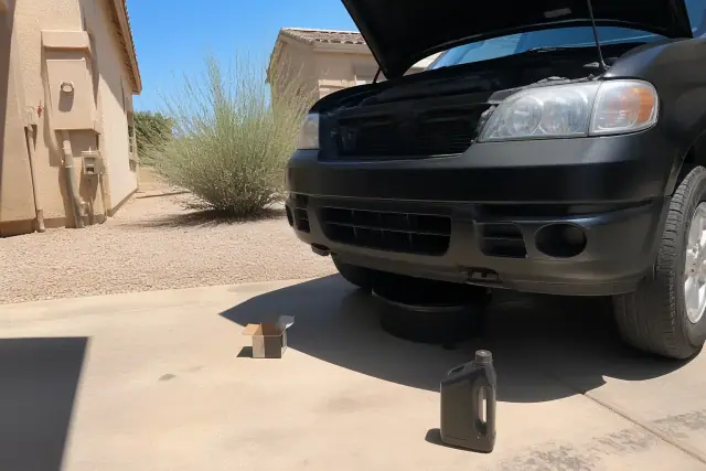 A vehicle with its hood raised for a conventional oil change on a concrete pad in Phoenix, AZ.