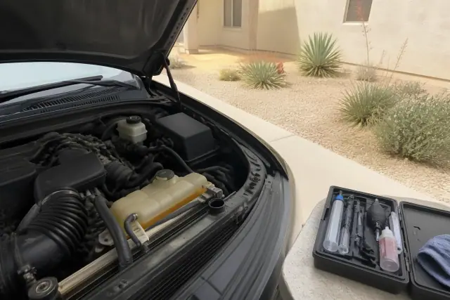 Technician performing a cooling system fluid analysis on a car in a Phoenix, AZ residential driveway.