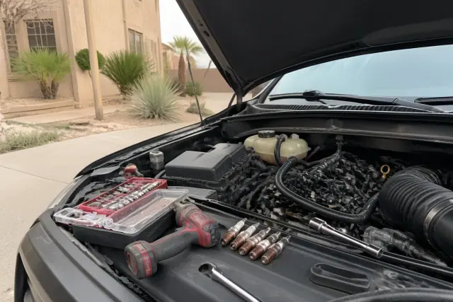 Copper spark plugs being installed in an open car engine at a residential driveway in Phoenix, AZ.