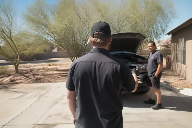 A mobile mechanic consulting with a customer at an open vehicle hood on a residential property in Phoenix, AZ.