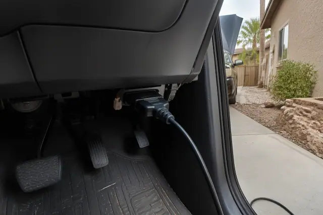 OBD-II scan port under a vehicle dashboard at a residential driveway in Phoenix, AZ.