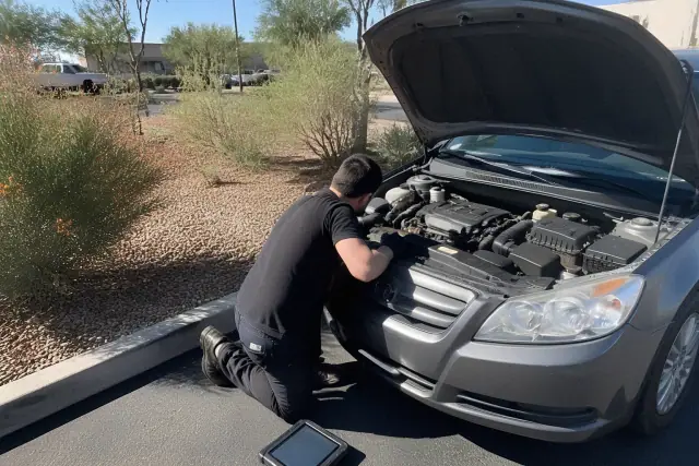 Mechanic inspecting a car engine in a sunny parking lot in Phoenix, AZ.