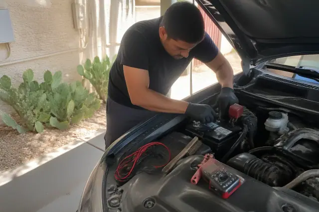Technician inspecting a vehicle engine in a Phoenix, AZ residential carport.