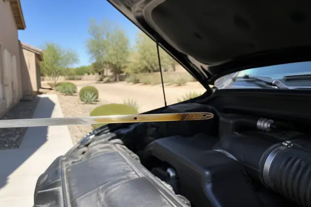 Close-up of a motor oil dipstick held over an engine bay at a residential home in Phoenix, AZ.