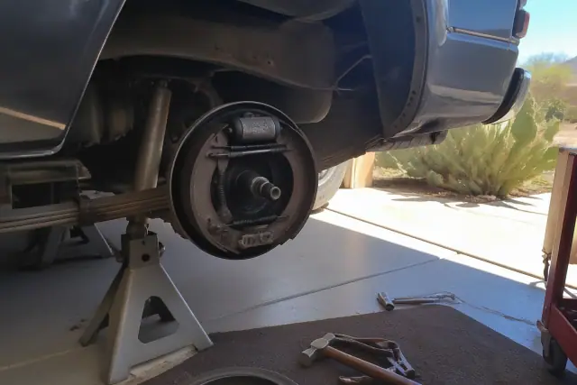 Mechanic performing drum brake service on a car elevated on jack stands in a garage in Phoenix, AZ.