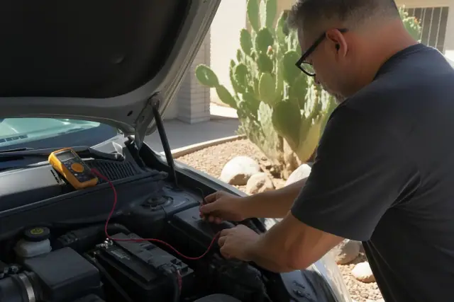 Technician performing electrical and battery testing on a car in a residential carport in Phoenix, AZ.