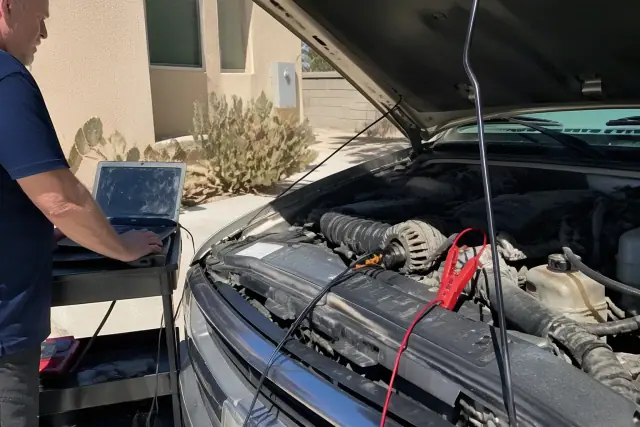Diagnostic scan tools connected to a car engine during an inspection at a home in Phoenix, AZ.