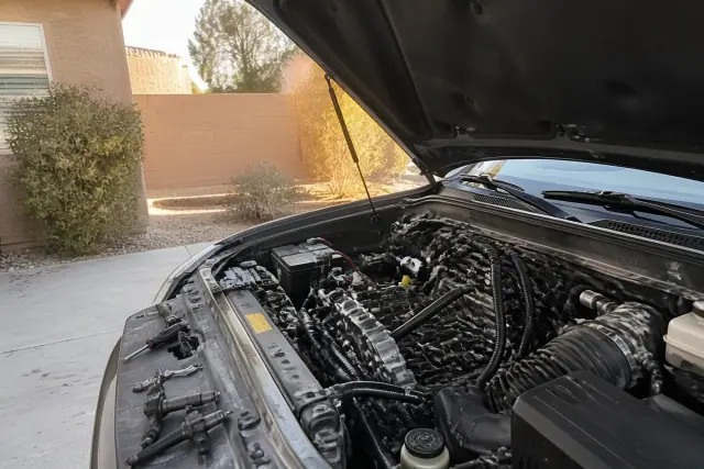 Technician performing a spark plug and ignition coil replacement on a vehicle in a driveway in Phoenix, AZ.