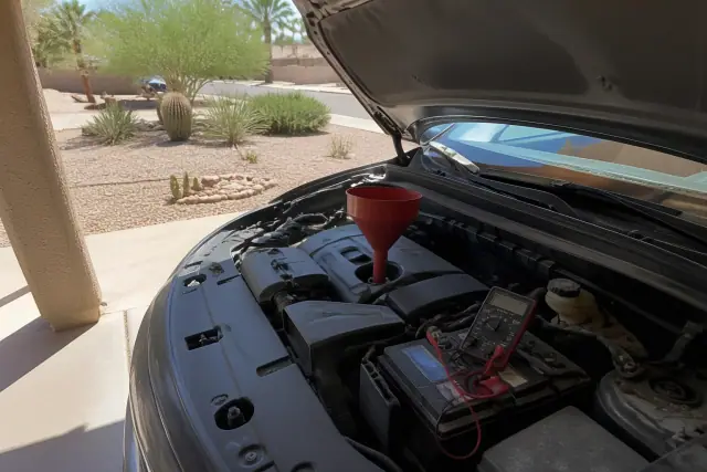 Technician checking a car battery and oil reservoir under the hood of a vehicle in a Phoenix, AZ carport.